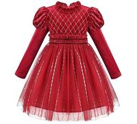 Vestido para niña Rojo Diamante de imitación Volante Fruncido Imitar Collar Soplo Manga Navidad Fiesta 5 años