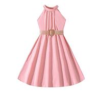 Vestido para niños, Color sólido, Cuello Colgante, colección de Cintura, Vestido de Princesa, Prendas de Vestir a la Moda Estrecha Cuadros Amarilla