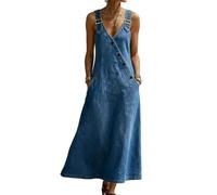 Vestido Peto Vaquero para Mujer: Tirantes Ajustables, sin Mangas, Cuello en V, Corte en línea A Fluido, Largo Midi, Estilo Vintage con Botones y Bolsillos. (Dark Blue,XL)