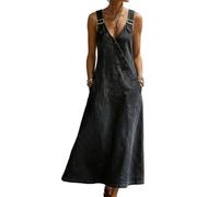 Vestido Peto Vaquero para Mujer: Tirantes Ajustables, sin Mangas, Cuello en V, Corte en línea A Fluido, Largo Midi, Estilo Vintage con Botones y Bolsillos. (Black,3XL)