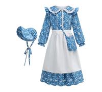 Vestido Pioneer | Vestido Colonial de Flores con Gorrito | Accesorios para Cosplay Role Play Fotos de Primavera Cumpleaños Jardinería Escuela Granja Navidad