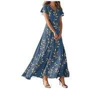 Vestido Playa Mujer 2026Vestido Mujer Manga Corta Estampado Flores Cuello en V Corte Fluido Amplio Ligero Transpirable Informal de Verano Ideal para Playa Viajes y Paseos Diarios (f-Navy, XXXL)