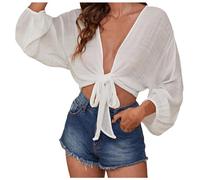 Vestido Playa Mujer Camisa de Playa Cuello V Manga Larga Bikini Cover Up Casual Blusa Tops Poncho de Playa