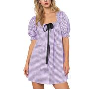 Vestido Playero A Cuadros para Mujer, Elegante Y Chic De Manga Corta Estilo Bohemio Vintage Sexy Informal Holgado Estilo Y2K para Vacaciones Y Fiestas