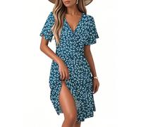 Vestido Playero Mujer, Vestidos Mujer Verano Dresses For Women Vestido De Estilo Bohemio con Estampado Floral Cuello En V Y Manga Corta Elegante Vestidos Midi Ligero De Corte A Ideal para La Playa