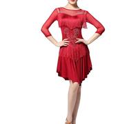 Vestido plisado con flecos y lentejuelas para baile latino para mujer, con dobladillo irregular, dobladillo irregular, con flecos, con flecos, para baile latino, Vino Rojo, XL