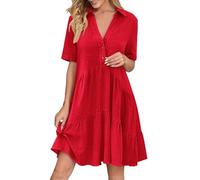 Vestido plisado de manga corta con cuello en V para mujer, holgado, casual, manga corta, cuello vuelto, vestido de lino de algodón, ligero, para vacaciones en la playa, rosso, XXL