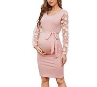 Vestido premamá Ajustado de Longitud Media con Mangas Tipo Obispo de Malla con Flores, Vestido ceñido de otoño para Fiestas del bebé o para sesiones de Fotos, Rosado, Large