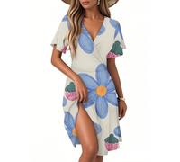 Vestido Primavera Mujer, Vestidos Femininos Vestido Mujer Verano Vestidos Elegante De Manga Corta con Cuello En V Y Estampado Floral para Midi De Corte A Playa Bohemio Fluido Fiesta Verano Largo