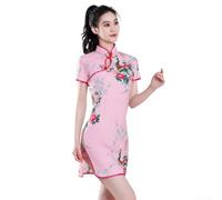 Vestido Qipao corto para mujer, estampado de pavo real, tradición china, cheongsams, elegante, para primavera, verano, casual, citas, fiesta, rojo, azul, rosa, morado, S (2XL rosa)