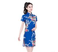 Vestido Qipao corto para mujer, estampado de pavo real, tradición china, elegante, para primavera, verano, fiesta, casual, rojo, azul, rosa, morado, opciones de tallas S a 3XL disponibles (3XL azul)
