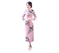 Vestido Qipao de manga larga con estampado de pavo real chino vintage cheongsam para mujer, vestido de fiesta de primavera y verano, blanco, talla M (XL rosa)