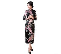 Vestido Qipao de manga larga con estampado de pavo real chino vintage cheongsam para mujer, vestido de fiesta de primavera y verano, blanco, talla M (XL negro)