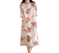 Vestido Qipao estampado de bambú floral de las mujeres vestido de algodón lino chino tradicional étnico Cheongsam, A-ROJO, X-Large