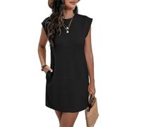Vestido recto para mujer, cuello redondo, manga casquillo, vestido corto básico suelto de verano, Negro, S