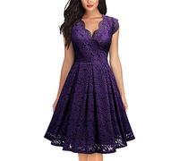 Vestido Retro de Encaje UNKUS para Mujer, Color Morado, Talla S, Estilo Trapecio, Floral, Largo hasta la Rodilla, Sin Mangas, Cuello en V, Ajustado, Perfecto para Cóctel y Playa