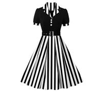 Vestido retro de los años 50 para mujer, manga corta, solapa con muescas, lunares, rayas, vestido de columpio, con cinturón, vestido de cóctel (Raya negra,XXL)