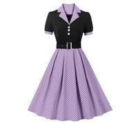 Vestido retro de los años 50 para mujer, manga corta, solapa con muescas, lunares, rayas, vestido de columpio, con cinturón, vestido de cóctel (Negro Púrpura,XXL)
