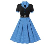 Vestido retro de los años 50 para mujer, manga corta, solapa con muescas, lunares, rayas, vestido de columpio, con cinturón, vestido de cóctel (Azul Negro,XXL)