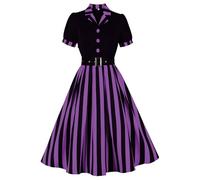 Vestido retro de los años 50 para mujer, manga corta, solapa con muescas, lunares, rayas, vestido de columpio, con cinturón, vestido de cóctel (Negro Morado Oscuro,XXL)