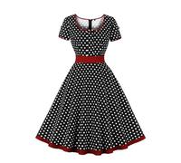 Vestido Rockabilly de Lunares con un botón en la Parte Delantera de Mujer con encuadernación en Contraste Vestido Largo de Retazos de algodón de Manga Corta-Negro-S