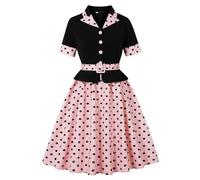 Vestido rockabilly para mujer con volantes y lunares - Elegante atuendo vintage de los años 50 con cuello de solapa, atuendo festivo para fiestas, Style_j01 Pink, L