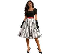 Vestido Rockabilly para mujer, estilo vintage de los años 50, vestido de fiesta con estampado floral, cuello cuadrado, hasta la rodilla, vestido coctail con cinturón, línea A, vestido con lazo, R