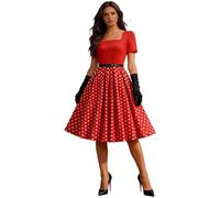 Vestido Rockabilly para mujer, estilo vintage de los años 50, vestido de fiesta con estampado floral, cuello cuadrado, hasta la rodilla, vestido coctail con cinturón, línea A, vestido con lazo, R rojo