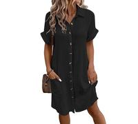 Vestido sencillo de algodón y lino con cuello en V para mujer, vestido camisero de algodón y lino, vestido corto con cuello en V, casual, manga corta, holgado, vestido tipo túnica, Negro, L