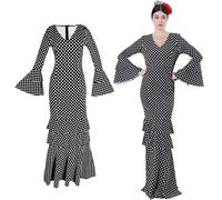 Vestido sevilliana Disfraz de Flamenca para Mujer, Traje de Sevillana Gitana Andaluz con Lunares Ideal para Feria de Abril y Carnaval (FR/ES, Letras, L, XL, Regular, Alto, Negro Lunar Blanco)