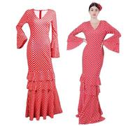 Vestido sevilliana Disfraz de Flamenca para Mujer, Traje de Sevillana Gitana Andaluz con Lunares Ideal para Feria de Abril y Carnaval (FR/ES, Letras, L, XL, Regular, Alto, Rojo Lunar Blanco)