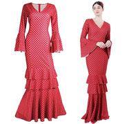 Vestido sevilliana Disfraz de Flamenca para Mujer, Traje de Sevillana Gitana Andaluz con Lunares Ideal para Feria de Abril y Carnaval (FR/ES, Letras, L, XL, Regular, Alto, Rojo Lunar Negro)