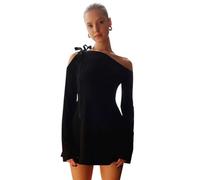 Vestido Sexy Mujer Manga Larga Mini Vestidos con Hombro Descubierto Elegante Bodycon Dress Corto Slim Fit Elástico para Cóctel Fiesta Partido Playa Club