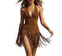 Vestido sexy para mujer Club Libertin, vestido rojo de piel sintética con cuello halter, flecos bajos, corte ajustado, estilo Western Cowboy, para fiestas, festivales y salidas atractivas, Café169, S
