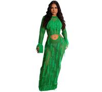 Vestido sexy para mujer hueco, vestido largo para mujer, manga larga, con pompones, color liso, informal, elegante, cómodo, transpirable, elasticidad, red básica, vestido erótico para playa