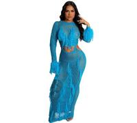 Vestido sexy para mujer hueco, vestido largo para mujer, manga larga, con pompones, color liso, informal, elegante, cómodo, transpirable, elasticidad, red básica, vestido erótico para playa
