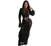 Vestido sexy para mujer hueco, vestido largo para mujer, manga larga, con pompones, color liso, informal, elegante, cómodo, transpirable, elasticidad, red básica, vestido erótico para playa