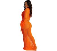 Vestido sexy para mujer hueco, vestido largo para mujer, manga larga, con pompones, color liso, informal, elegante, cómodo, transpirable, elasticidad, red básica, vestido erótico para playa