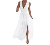 Vestido sexy para mujer, vestido de playa, cuello en V, vestido de fiesta de verano, informal, línea A, vestido de noche, largo y elegante, Blanco, L