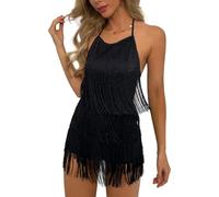 Vestido Sexy sin Espalda con Flecos - Club de Mujer Boho Borla Escalonado Halter Playsuit Festival Body Mameluco(Black,S,1074r)