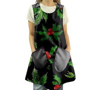 Vestido sin mangas con cuello redondo para mujer, estampado de bayas de acebo, hasta la rodilla, delantal para vacaciones, cocinar, hornear, fiesta festiva de invierno, Negro, XXL