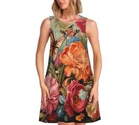 Vestido sin mangas con estampado de flores y mariposas para mujer, elegante vestido de verano sin mangas, cómodo vestido casual, Negro -, Medium-4X-Large