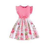 Vestido sin mangas con estampado de mariposas textura acanalada para niñas con ribete de encaje cintura ajustable casual traje de verano faldas delanteras cortas traseras niñas, Rosa., 9-10 años