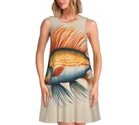 Vestido sin mangas con estampado de pez volador de cártamo, elegante vestido de verano sin mangas, cómodo vestido casual, Negro -, Large-4X-Large