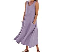 Vestido sin Mangas de algodón y Lino para Mujer, Vestidos de Cuello Redondo con Bolsillo de Color sólido de Verano, Vestido de Verano de Playa cómodo, Elegante y Holgado (XXXL,Violet)