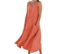Vestido sin Mangas de algodón y Lino para Mujer, Vestidos de Cuello Redondo con Bolsillo de Color sólido de Verano, Vestido de Verano de Playa cómodo, Elegante y Holgado (L,Orange)