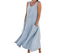 Vestido sin Mangas de algodón y Lino para Mujer, Vestidos de Cuello Redondo con Bolsillo de Color sólido de Verano, Vestido de Verano de Playa cómodo, Elegante y Holgado (XXL,Sky Blue)