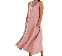 Vestido sin Mangas de algodón y Lino para Mujer, Vestidos de Cuello Redondo con Bolsillo de Color sólido de Verano, Vestido de Verano de Playa cómodo, Elegante y Holgado (M,Pink)