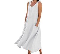 Vestido sin Mangas de algodón y Lino para Mujer, Vestidos de Cuello Redondo con Bolsillo de Color sólido de Verano, Vestido de Verano de Playa cómodo, Elegante y Holgado (XXXL,Beige)