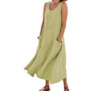 Vestido sin Mangas de algodón y Lino para Mujer, Vestidos de Cuello Redondo con Bolsillo de Color sólido de Verano, Vestido de Verano de Playa cómodo, Elegante y Holgado (S,Light Green)